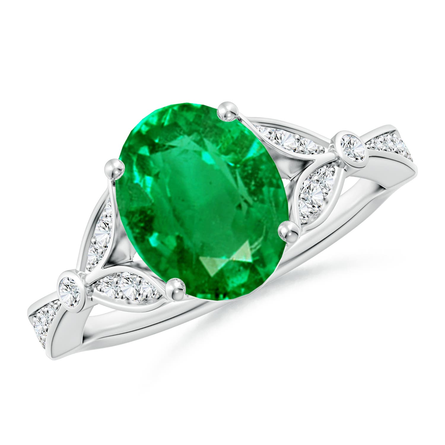 10x8mm AAA Nature-Inspired Oval Emerald Engagement Ring with Leaf Motifs in White Gold