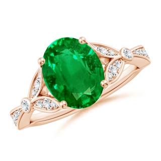 10x8mm AAAA Nature-Inspired Oval Emerald Engagement Ring with Leaf Motifs in 18K Rose Gold