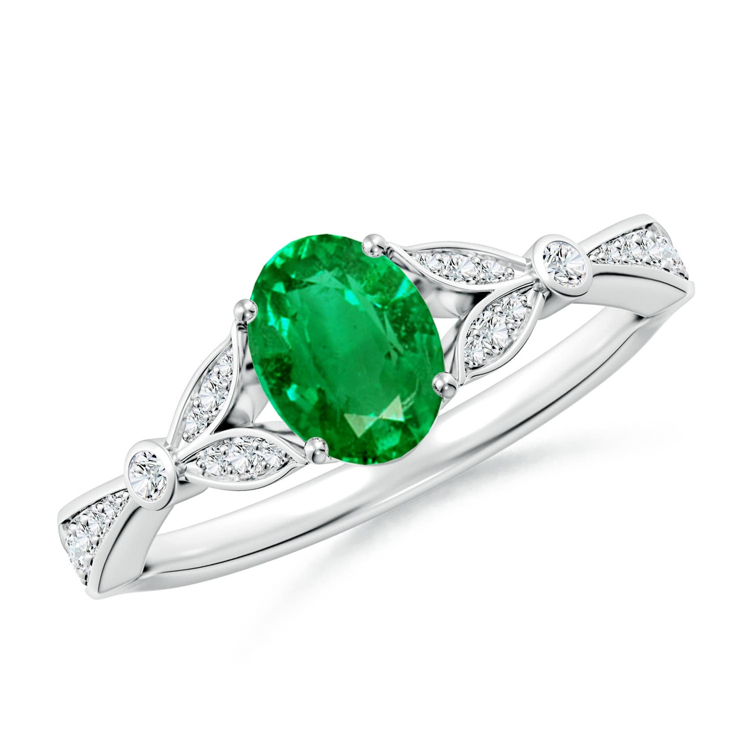 7x5mm AAA Nature-Inspired Oval Emerald Engagement Ring with Leaf Motifs in 18CT White Gold
