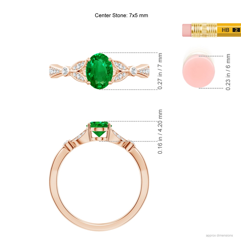 7x5mm AAAA Nature-Inspired Oval Emerald Engagement Ring with Leaf Motifs in Rose Gold ruler