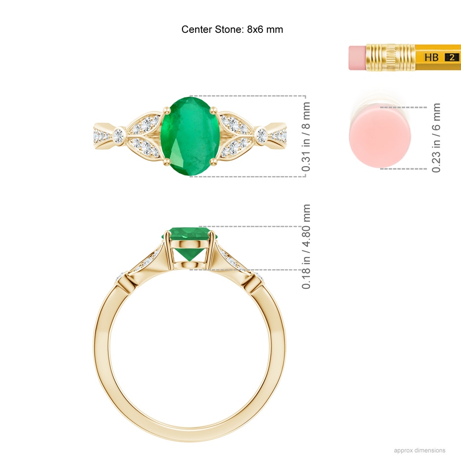 8x6mm A Nature-Inspired Oval Emerald Engagement Ring with Leaf Motifs in Yellow Gold ruler