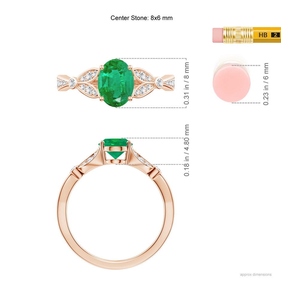 8x6mm AA Nature-Inspired Oval Emerald Engagement Ring with Leaf Motifs in Rose Gold ruler