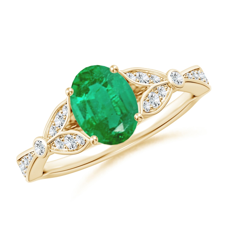 8x6mm AA Nature-Inspired Oval Emerald Engagement Ring with Leaf Motifs in Yellow Gold 