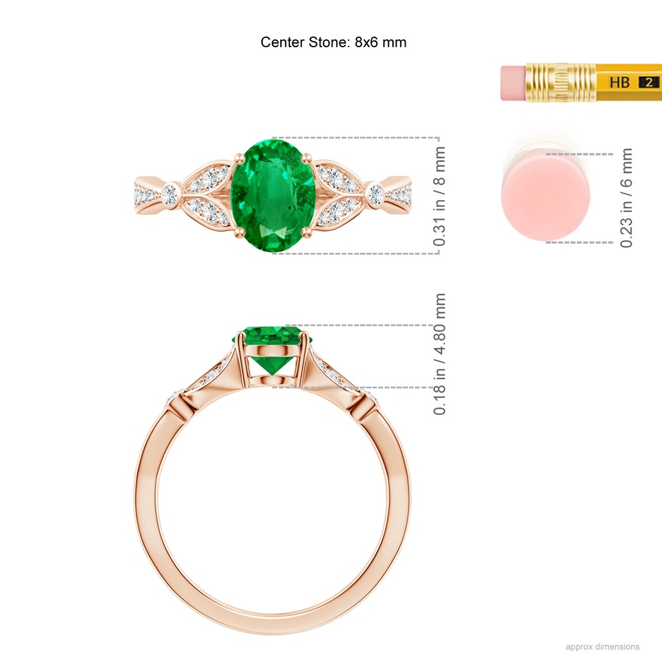 8x6mm AAA Nature-Inspired Oval Emerald Engagement Ring with Leaf Motifs in Rose Gold ruler
