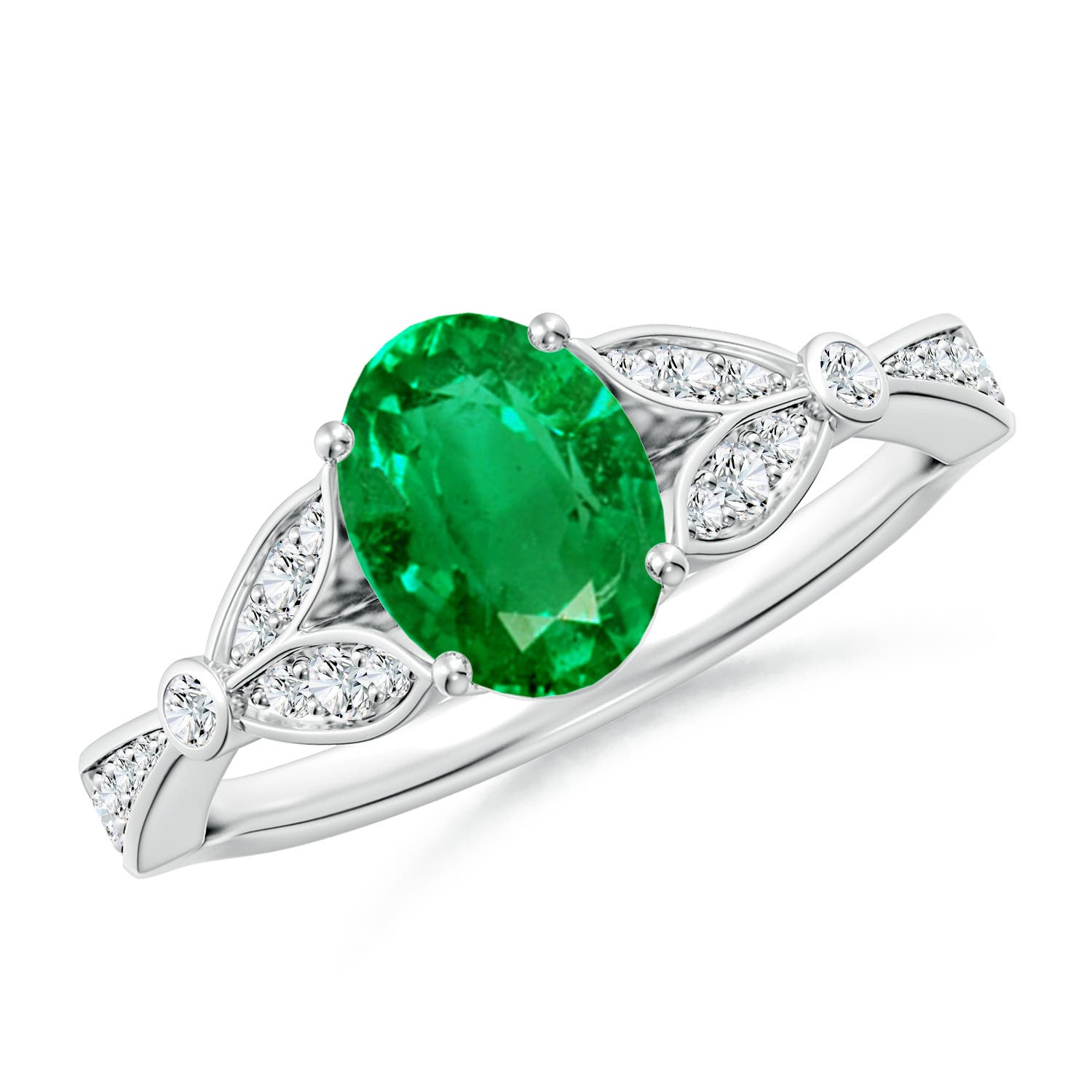 8x6mm AAA Nature-Inspired Oval Emerald Engagement Ring with Leaf Motifs in White Gold