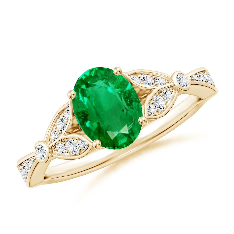 8x6mm AAA Nature-Inspired Oval Emerald Engagement Ring with Leaf Motifs in Yellow Gold 