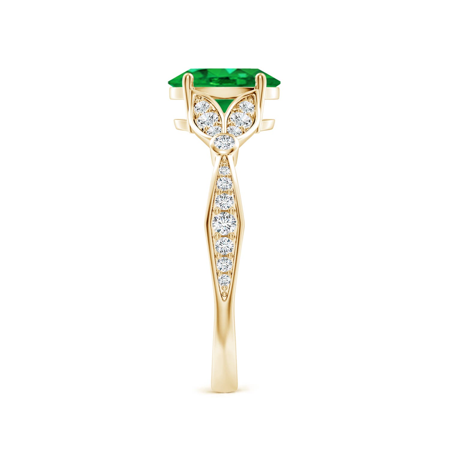 8x6mm AAA Nature-Inspired Oval Emerald Engagement Ring with Leaf Motifs in Yellow Gold - side 3