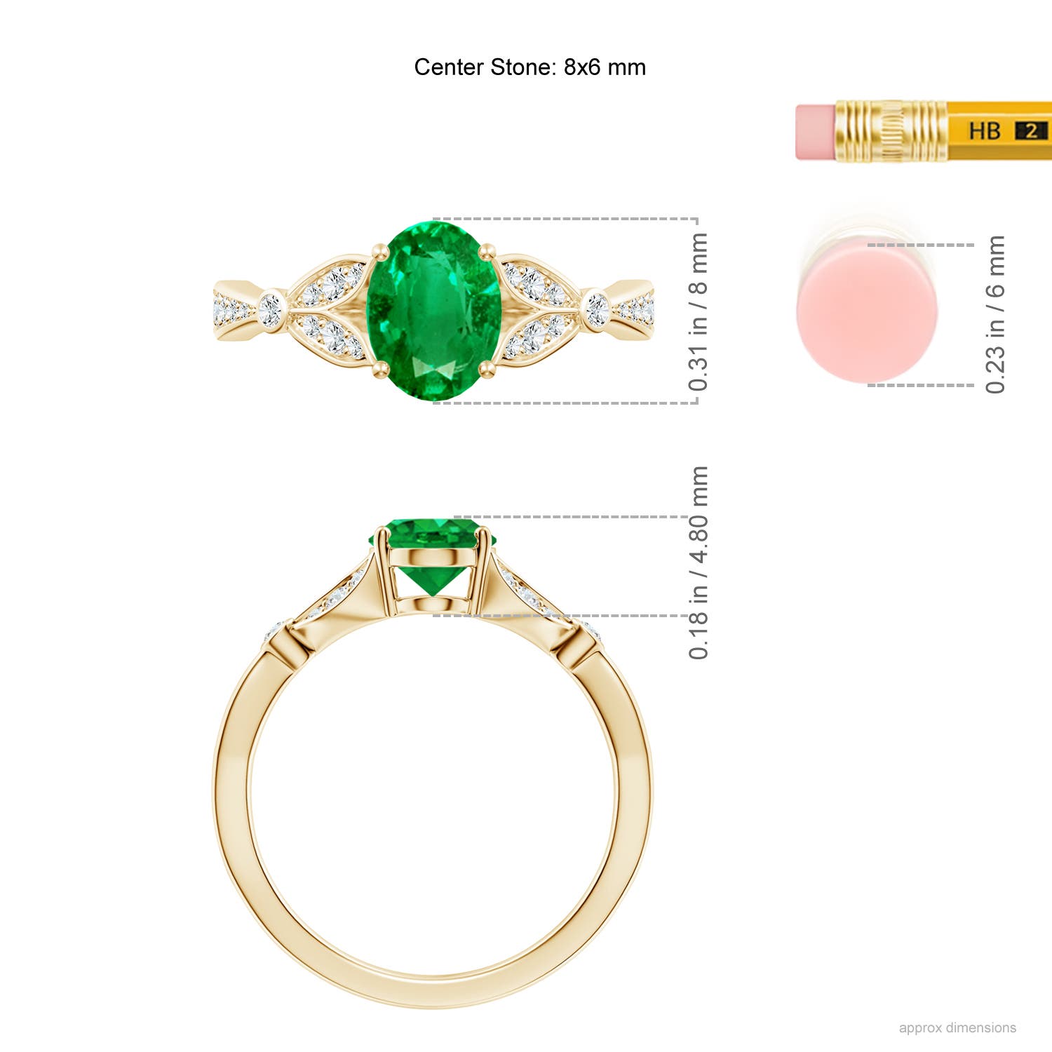 8x6mm AAA Nature-Inspired Oval Emerald Engagement Ring with Leaf Motifs in Yellow Gold - ruler