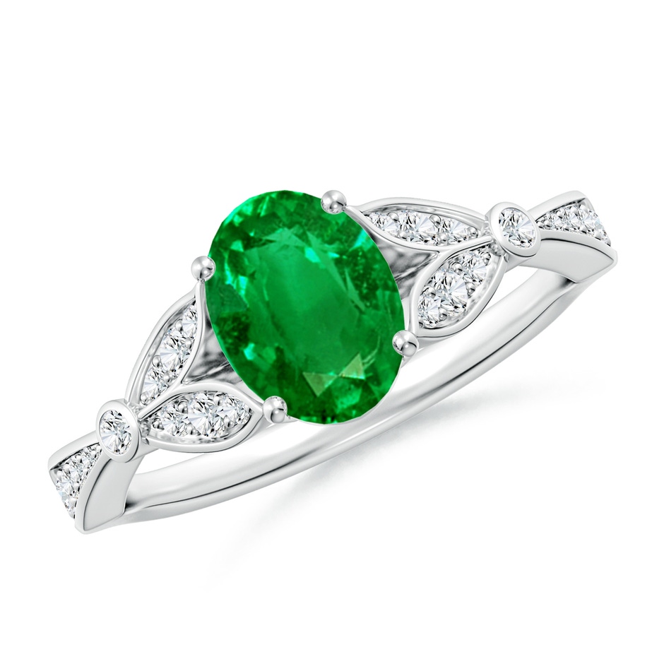 8x6mm AAAA Nature-Inspired Oval Emerald Engagement Ring with Leaf Motifs in White Gold 