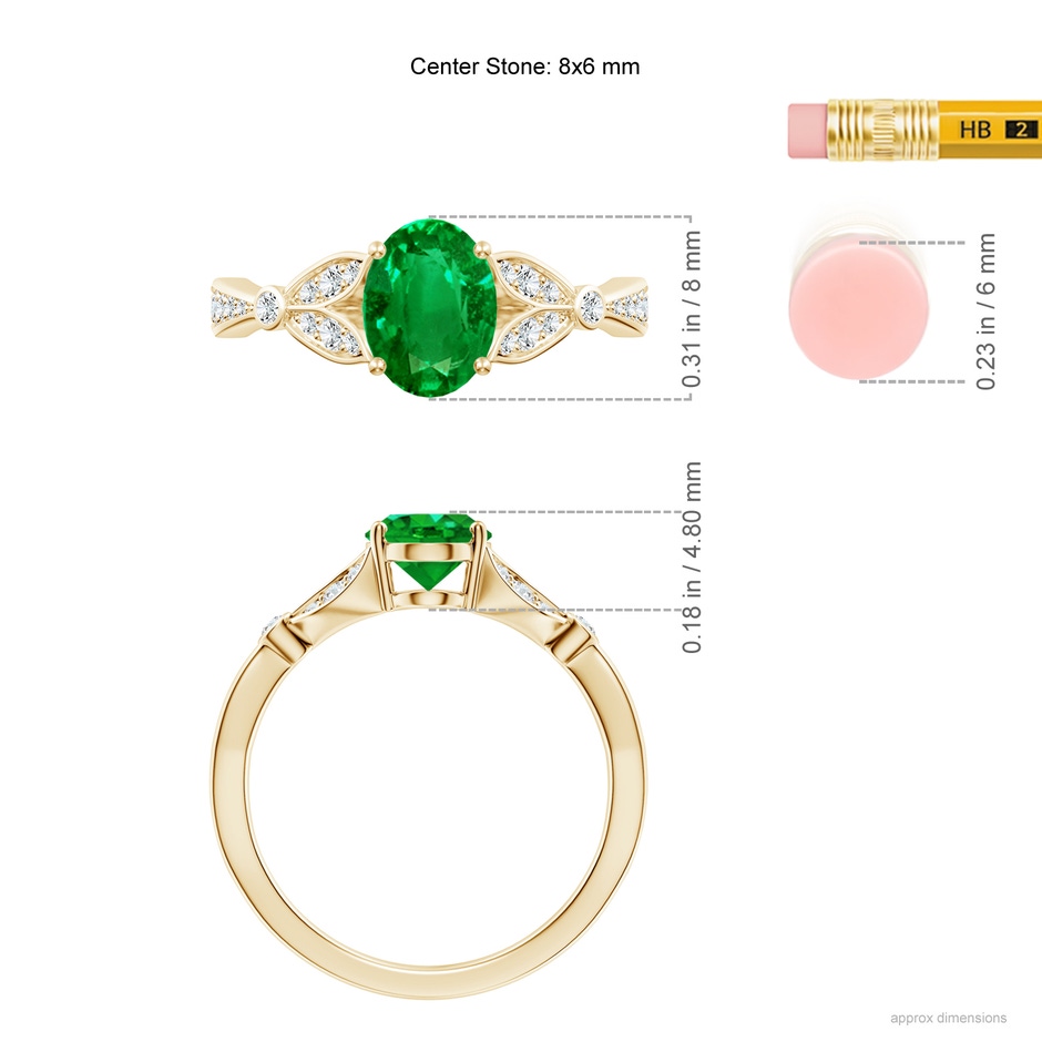 8x6mm AAAA Nature-Inspired Oval Emerald Engagement Ring with Leaf Motifs in Yellow Gold ruler