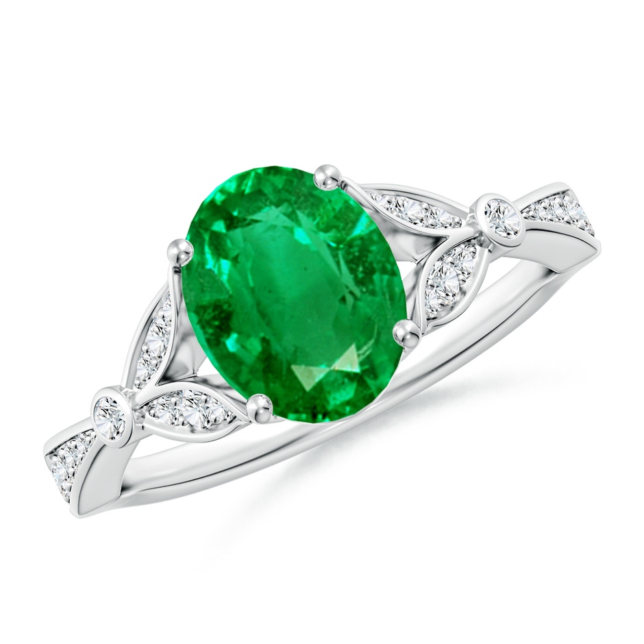 9x7mm AAA Nature-Inspired Oval Emerald Engagement Ring with Leaf Motifs in White Gold 