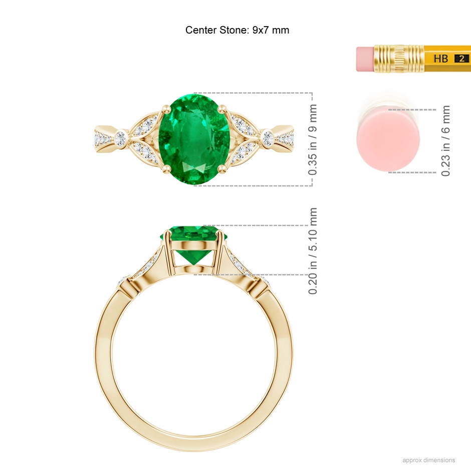 9x7mm AAA Nature-Inspired Oval Emerald Engagement Ring with Leaf Motifs in Yellow Gold ruler