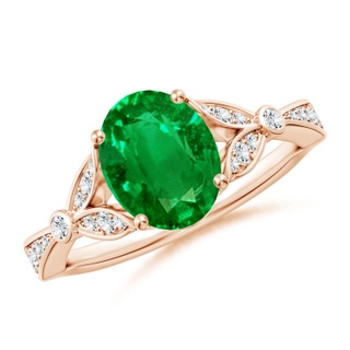 9x7mm AAAA Nature-Inspired Oval Emerald Engagement Ring with Leaf Motifs in 18K Rose Gold