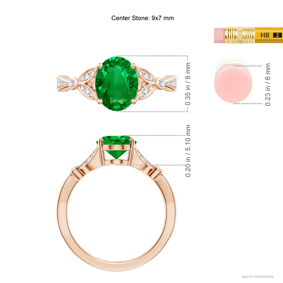 9x7mm AAAA Nature-Inspired Oval Emerald Engagement Ring with Leaf Motifs in 18K Rose Gold ruler