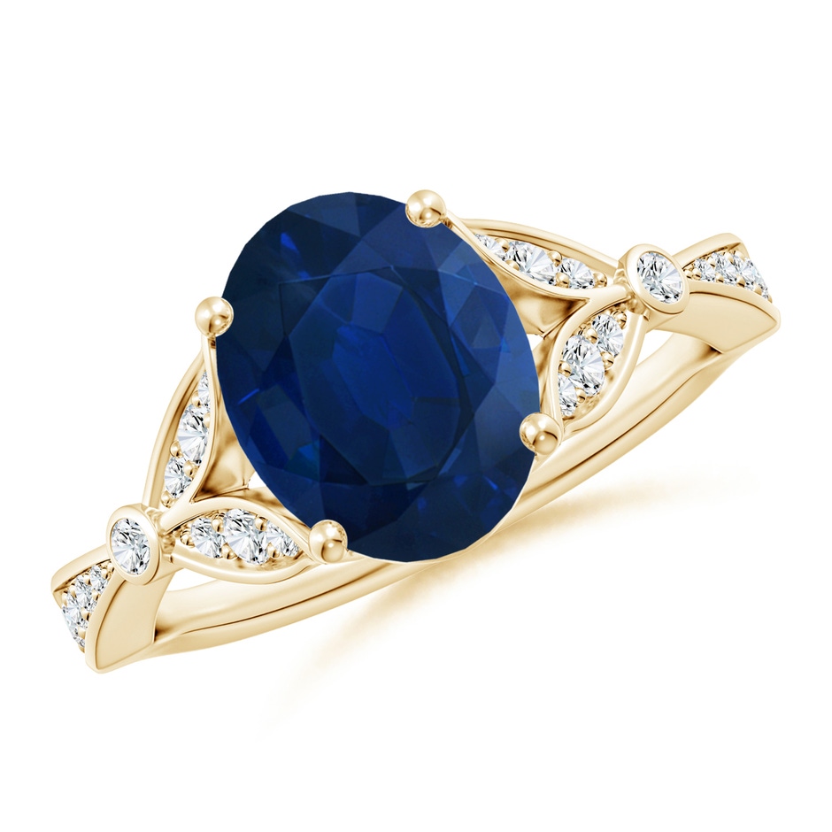 10x8mm AA Nature-Inspired Oval Blue Sapphire Engagement Ring with Leaf Motifs in Yellow Gold 