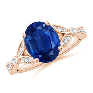 10x8mm AAA Nature-Inspired Oval Blue Sapphire Engagement Ring with Leaf Motifs in 18K Rose Gold