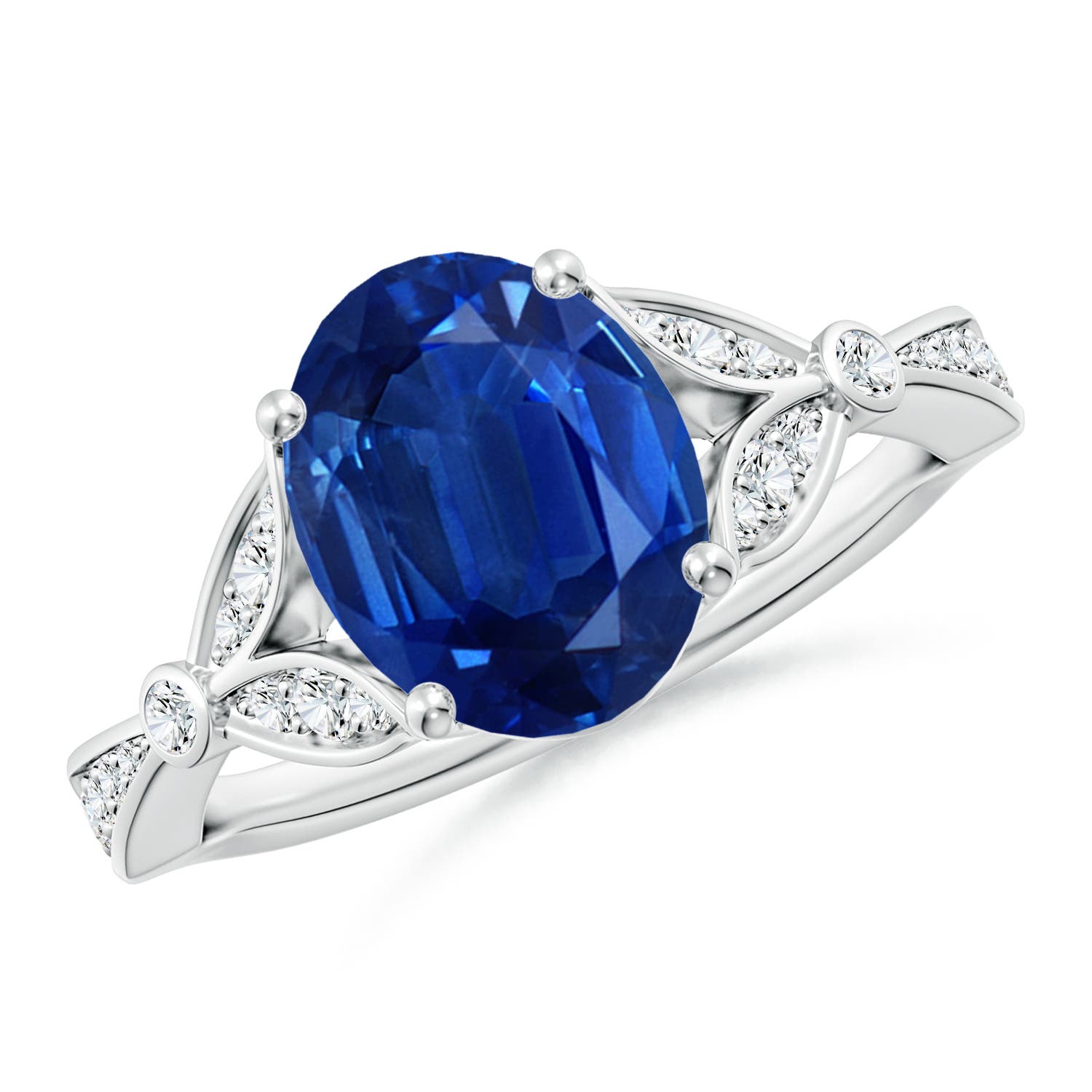 10x8mm AAA Nature-Inspired Oval Blue Sapphire Engagement Ring with Leaf Motifs in White Gold