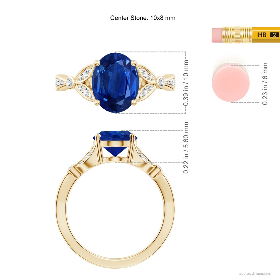 10x8mm AAA Nature-Inspired Oval Blue Sapphire Engagement Ring with Leaf Motifs in Yellow Gold ruler