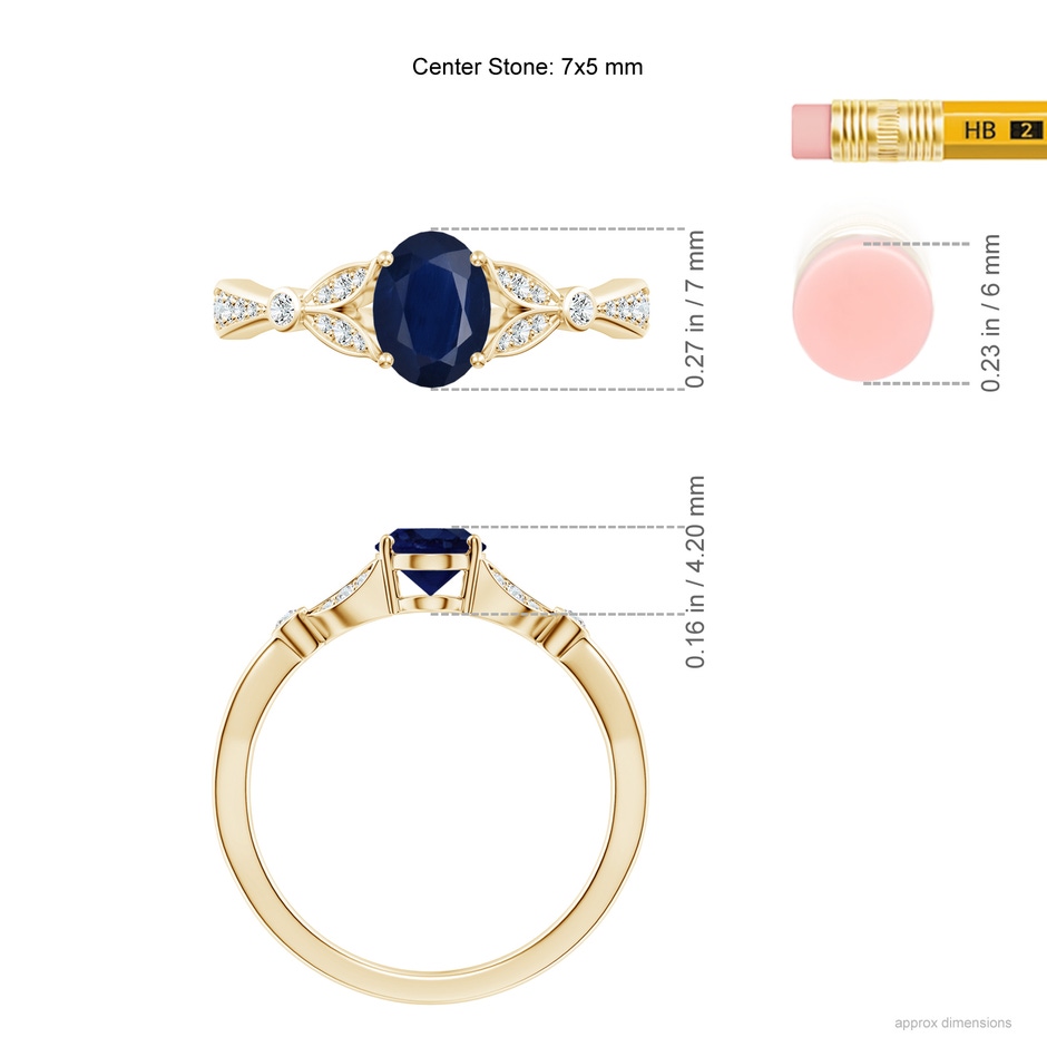 7x5mm A Nature-Inspired Oval Blue Sapphire Engagement Ring with Leaf Motifs in Yellow Gold ruler