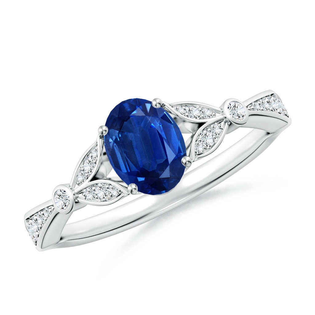 7x5mm AAA Nature-Inspired Oval Blue Sapphire Engagement Ring with Leaf Motifs in White Gold