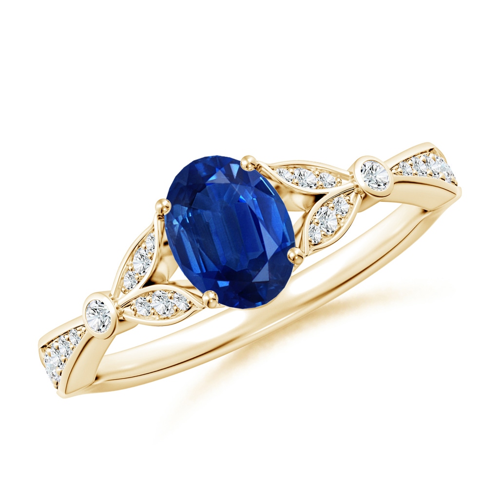 7x5mm AAA Nature-Inspired Oval Blue Sapphire Engagement Ring with Leaf Motifs in Yellow Gold