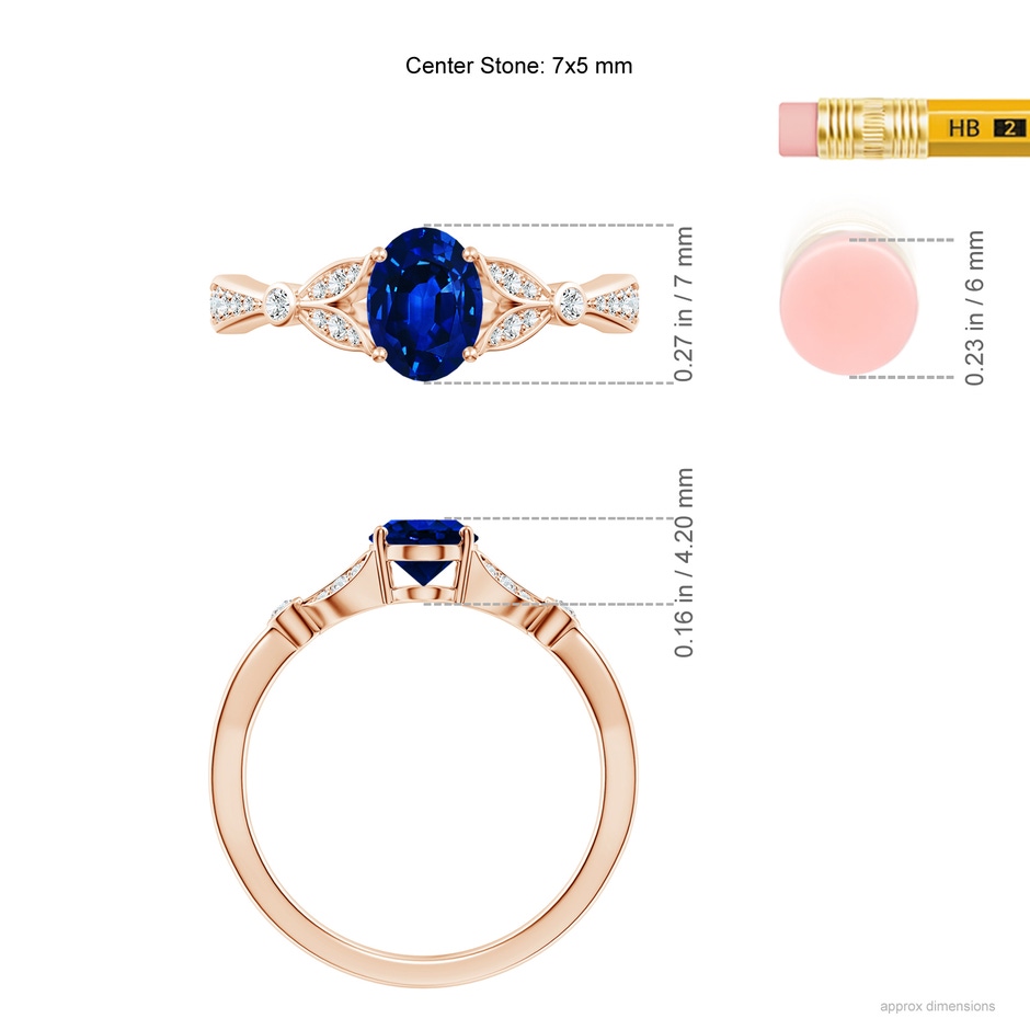 7x5mm AAAA Nature-Inspired Oval Blue Sapphire Engagement Ring with Leaf Motifs in Rose Gold ruler