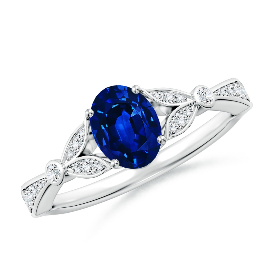 7x5mm AAAA Nature-Inspired Oval Blue Sapphire Engagement Ring with Leaf Motifs in White Gold 
