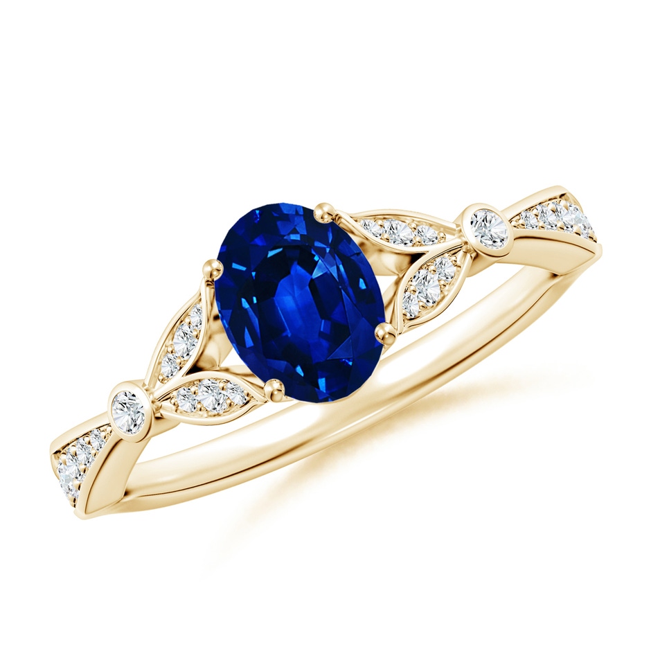 7x5mm AAAA Nature-Inspired Oval Blue Sapphire Engagement Ring with Leaf Motifs in Yellow Gold 