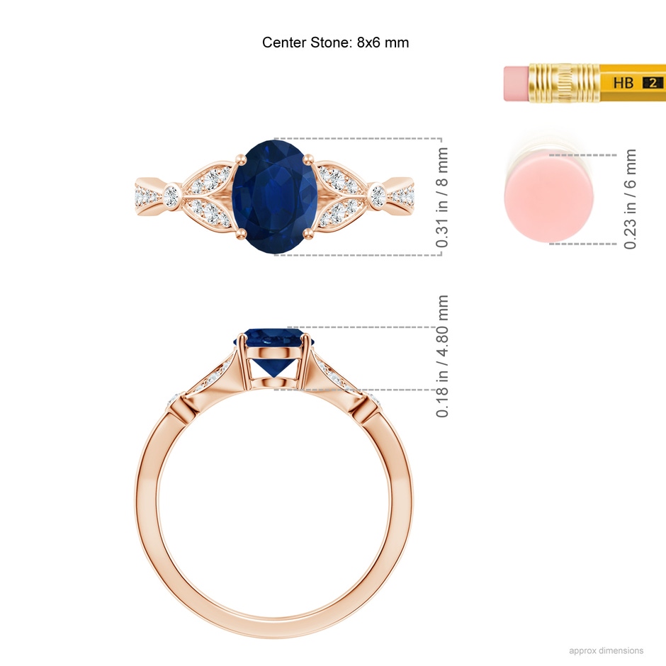 8x6mm AA Nature-Inspired Oval Blue Sapphire Engagement Ring with Leaf Motifs in Rose Gold ruler