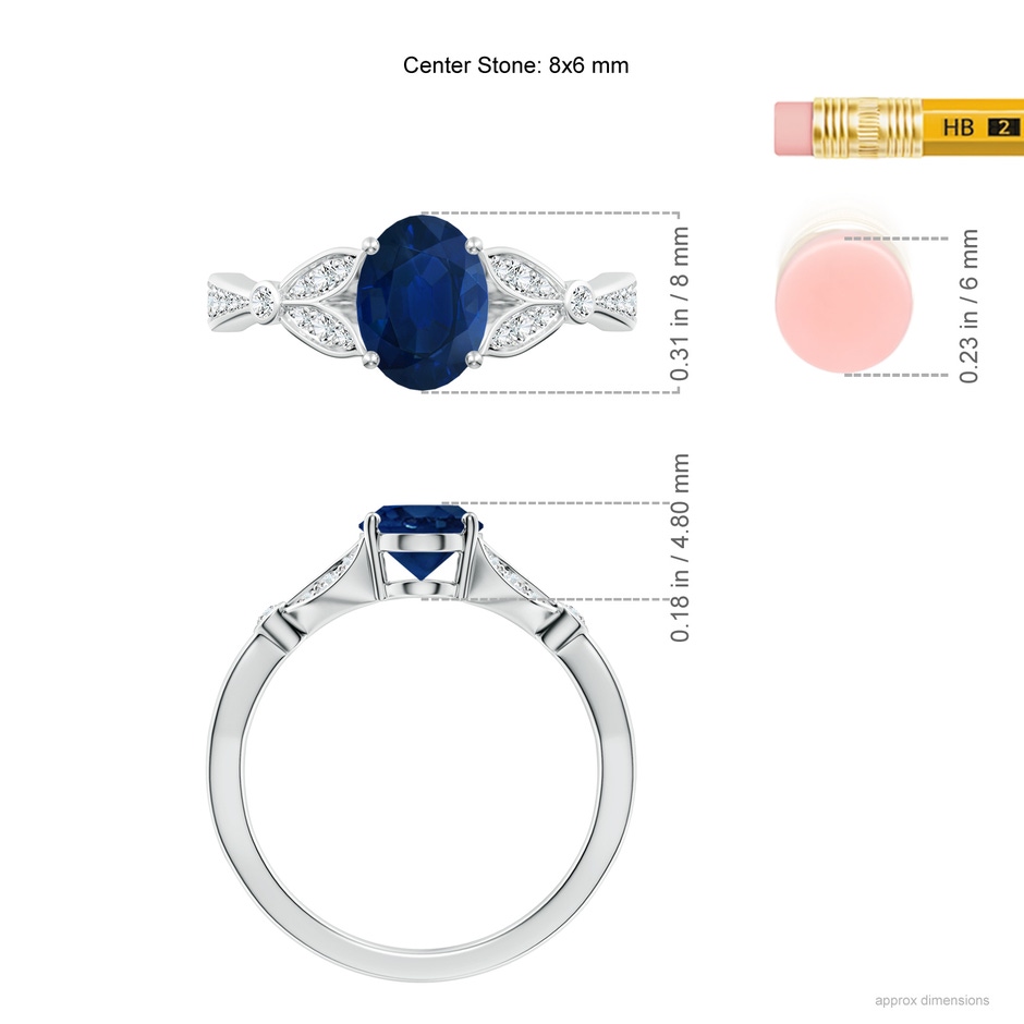 8x6mm AA Nature-Inspired Oval Blue Sapphire Engagement Ring with Leaf Motifs in White Gold ruler