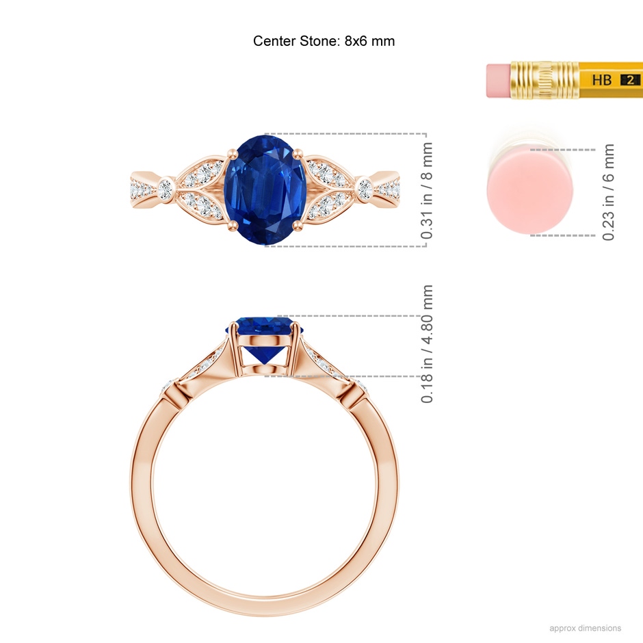 8x6mm AAA Nature-Inspired Oval Blue Sapphire Engagement Ring with Leaf Motifs in Rose Gold ruler