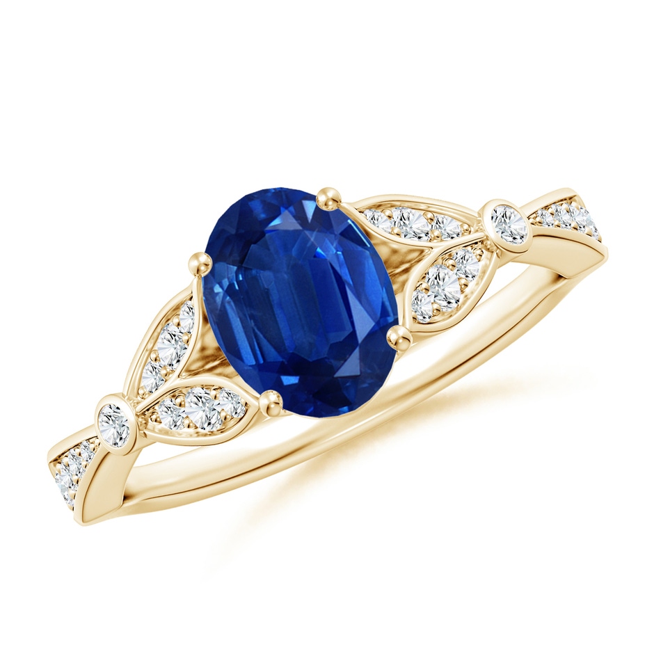 8x6mm AAA Nature-Inspired Oval Blue Sapphire Engagement Ring with Leaf Motifs in Yellow Gold 