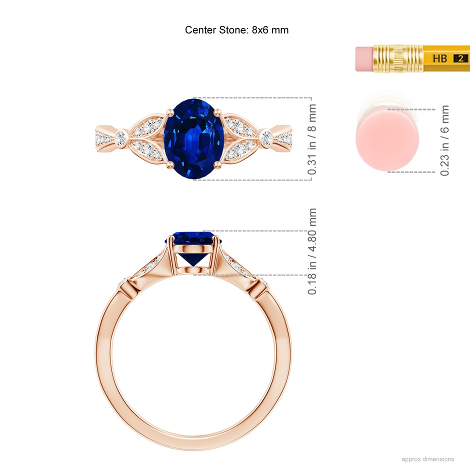 8x6mm AAAA Nature-Inspired Oval Blue Sapphire Engagement Ring with Leaf Motifs in Rose Gold ruler