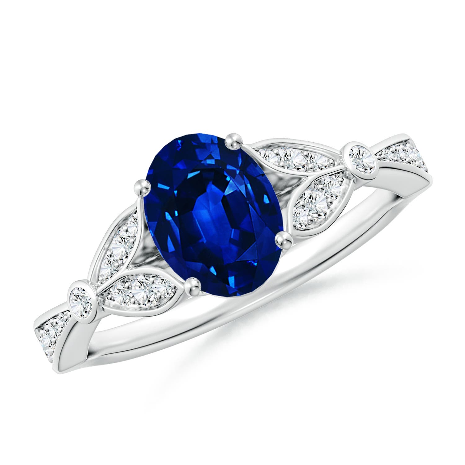 8x6mm AAAA Nature-Inspired Oval Blue Sapphire Engagement Ring with Leaf Motifs in White Gold