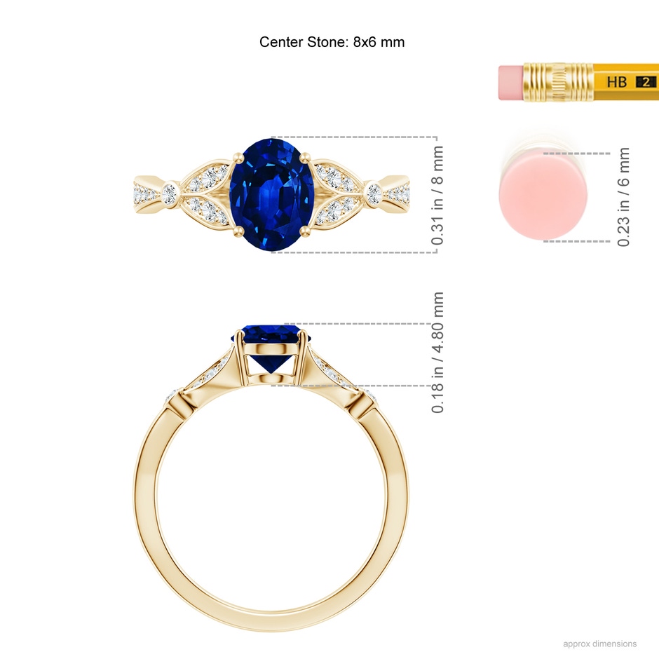 8x6mm AAAA Nature-Inspired Oval Blue Sapphire Engagement Ring with Leaf Motifs in Yellow Gold ruler