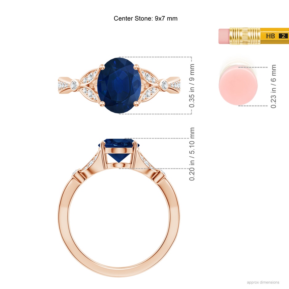 9x7mm AA Nature-Inspired Oval Blue Sapphire Engagement Ring with Leaf Motifs in Rose Gold ruler