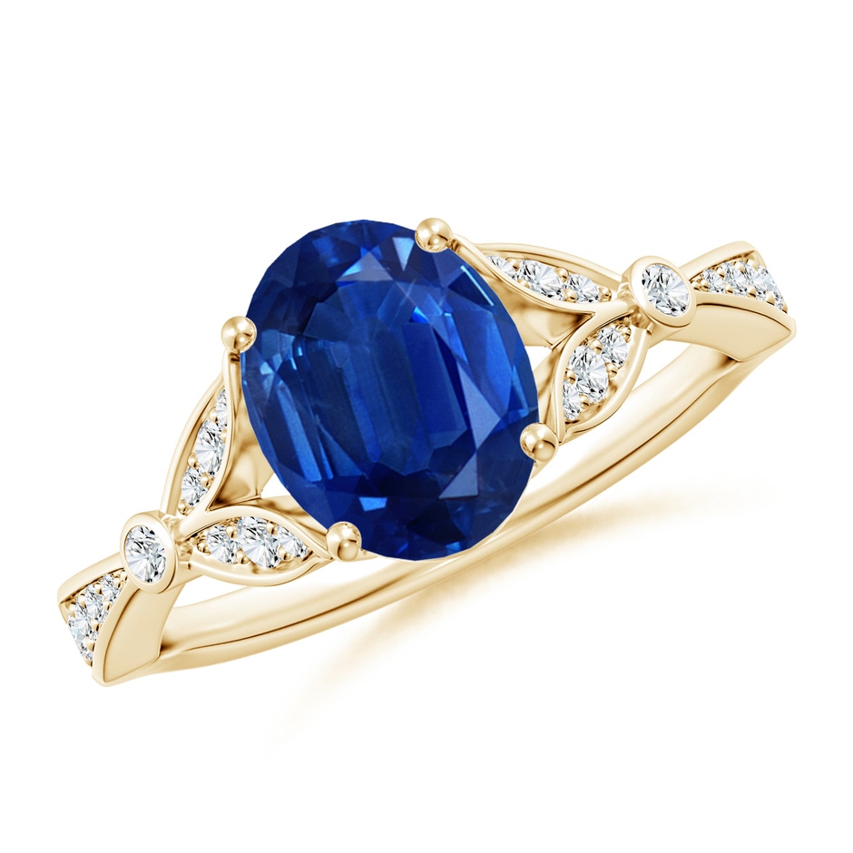 9x7mm AAA Nature-Inspired Oval Blue Sapphire Engagement Ring with Leaf Motifs in Yellow Gold 