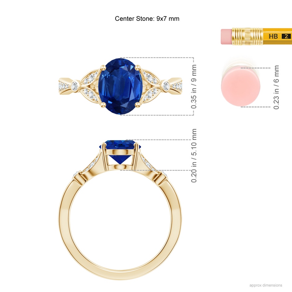 9x7mm AAA Nature-Inspired Oval Blue Sapphire Engagement Ring with Leaf Motifs in Yellow Gold ruler