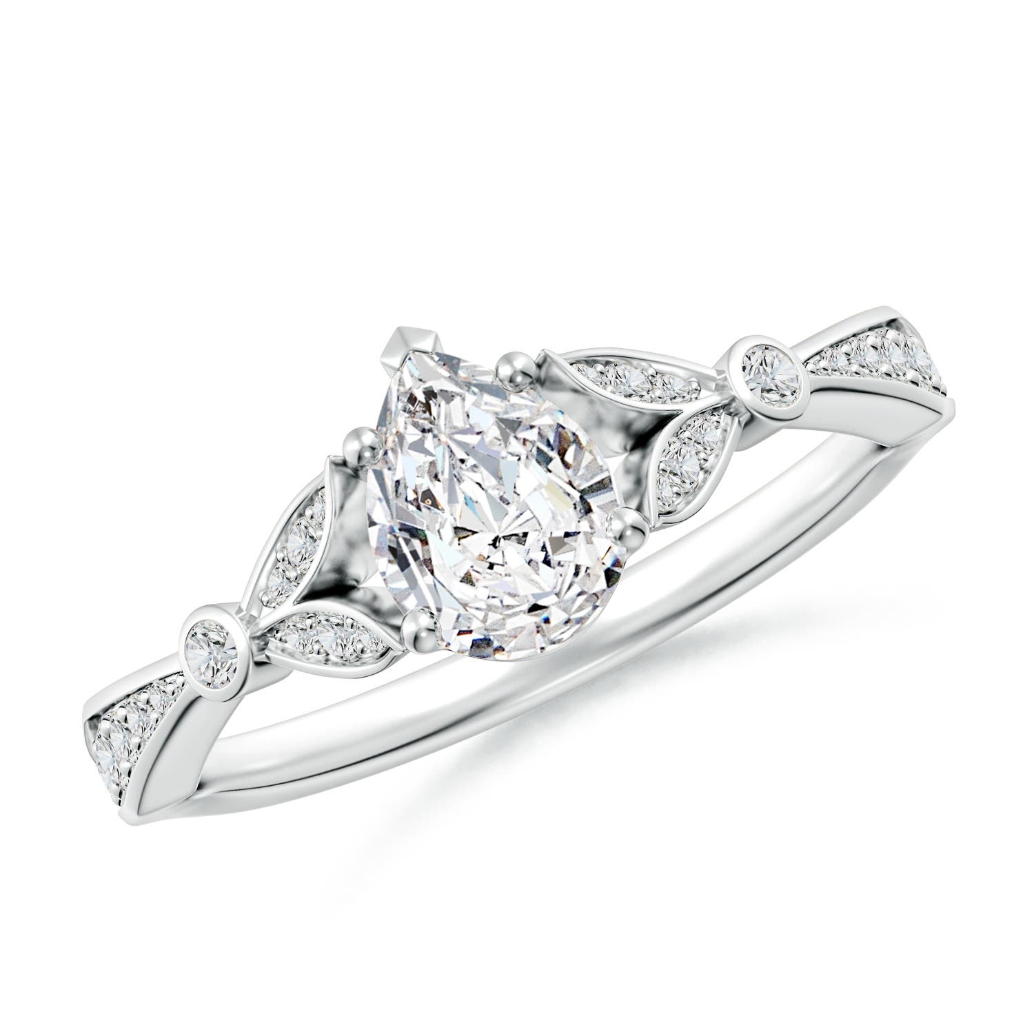 7x5mm HSI2 Nature-Inspired Pear Diamond Engagement Ring with Leaf Motifs in 18CT White Gold