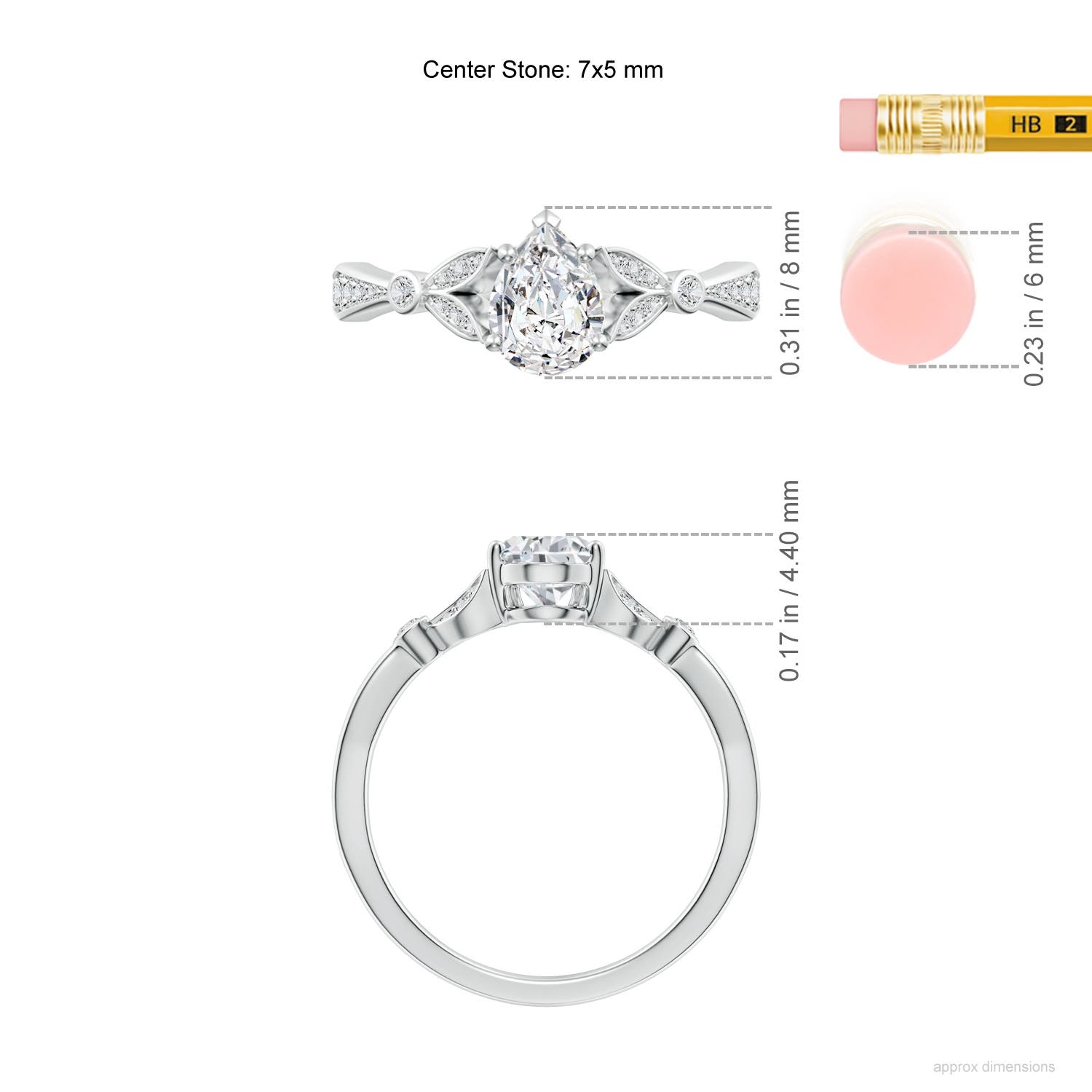 7x5mm HSI2 Nature-Inspired Pear Diamond Engagement Ring with Leaf Motifs in White Gold - ruler