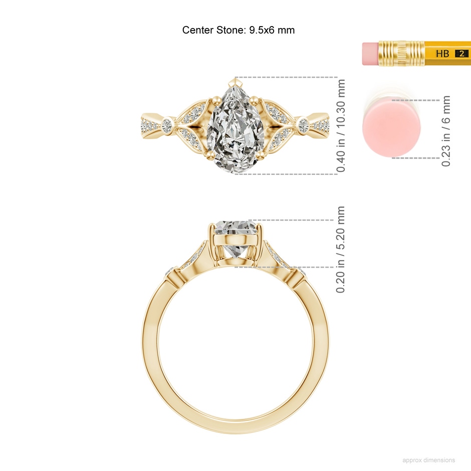 9.5x6mm KI3 Nature-Inspired Pear Diamond Engagement Ring with Leaf Motifs in Yellow Gold ruler