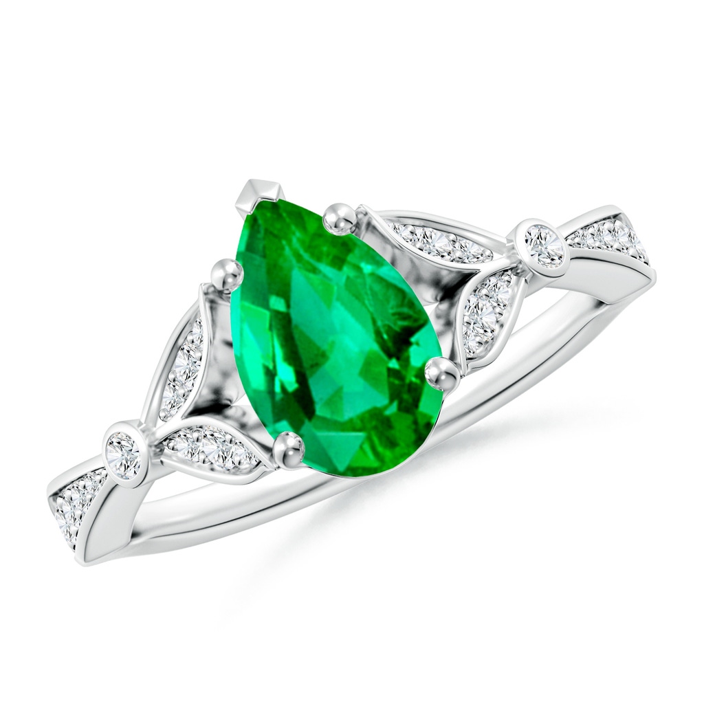 9x7mm AAA Nature-Inspired Pear Emerald Engagement Ring with Leaf Motifs in White Gold