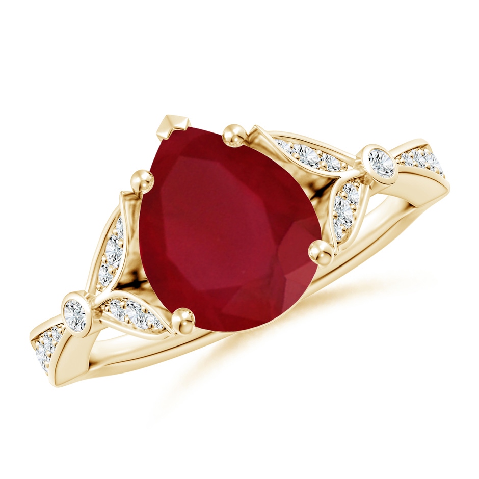 10x8mm AA Nature-Inspired Pear Ruby Engagement Ring with Leaf Motifs in Yellow Gold 