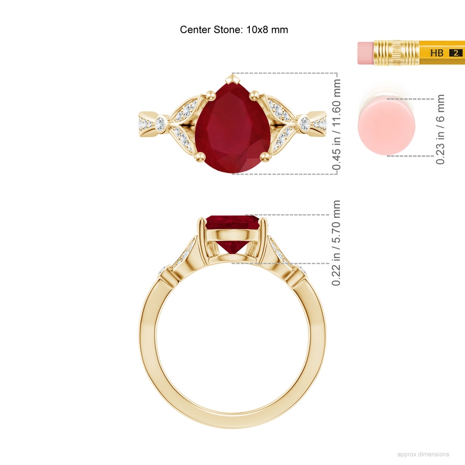 10x8mm AA Nature-Inspired Pear Ruby Engagement Ring with Leaf Motifs in Yellow Gold ruler