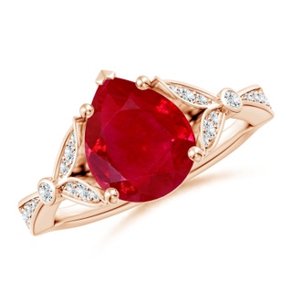 10x8mm AAA Nature-Inspired Pear Ruby Engagement Ring with Leaf Motifs in 18K Rose Gold