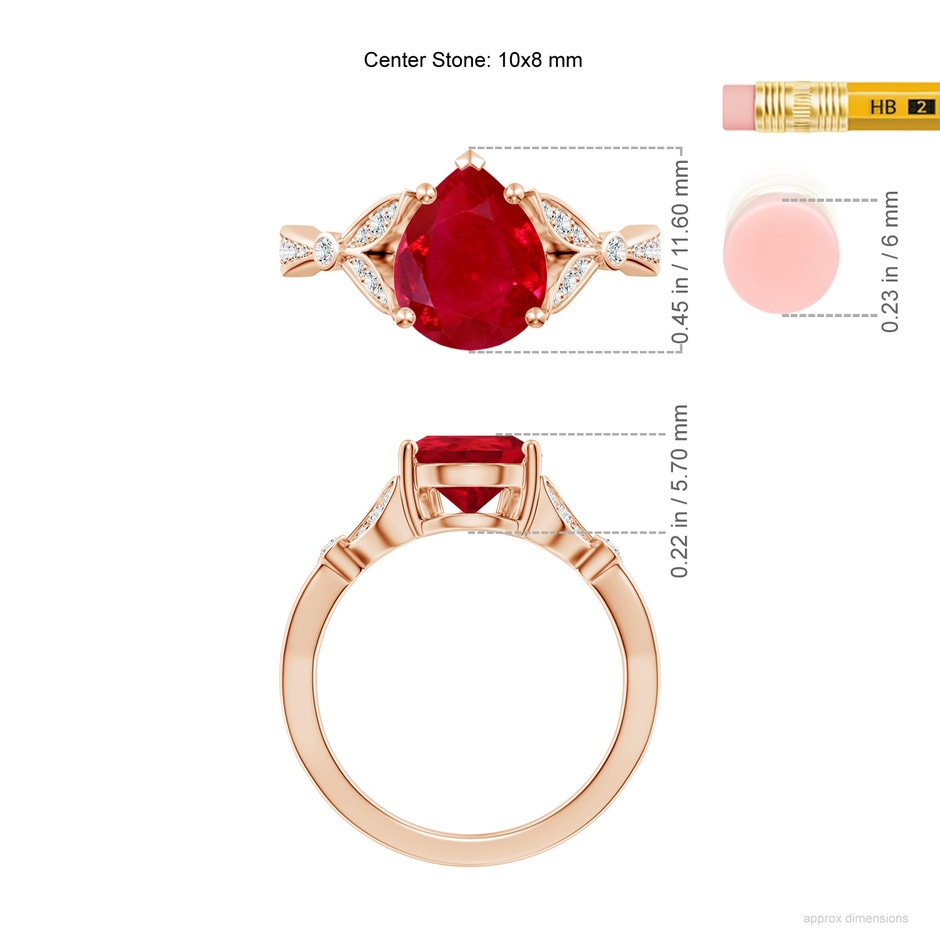 10x8mm AAA Nature-Inspired Pear Ruby Engagement Ring with Leaf Motifs in 18K Rose Gold ruler