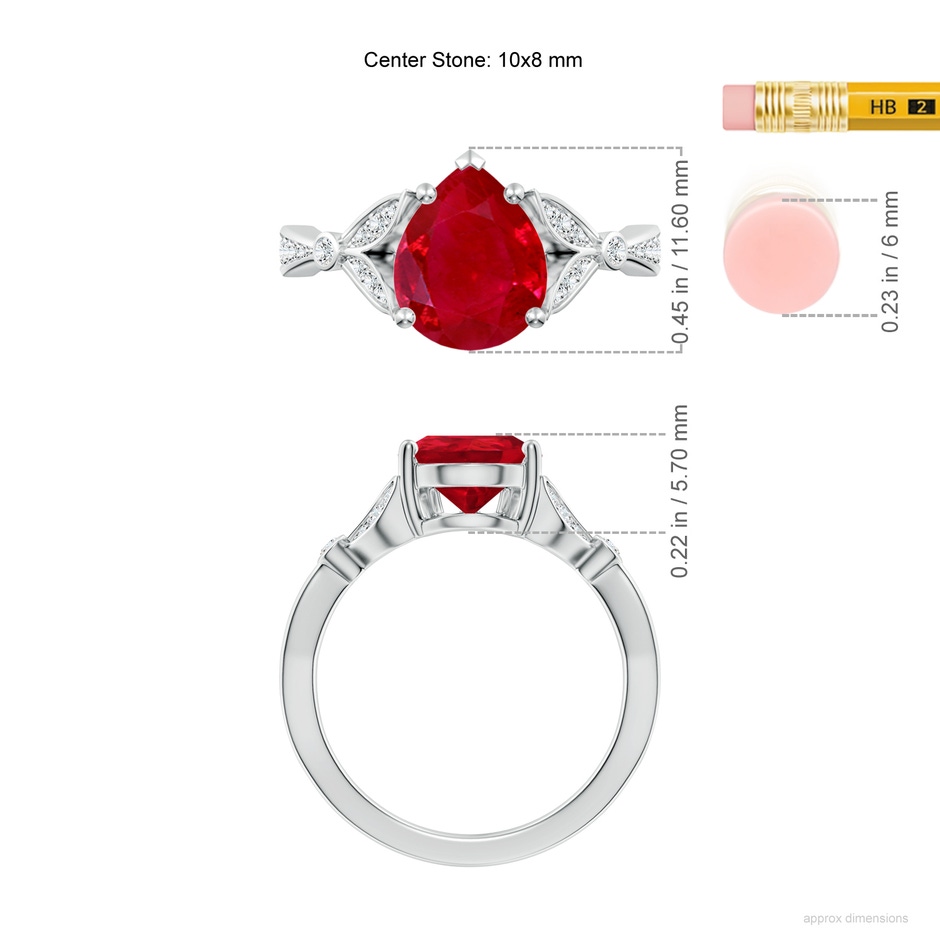 10x8mm AAA Nature-Inspired Pear Ruby Engagement Ring with Leaf Motifs in White Gold ruler