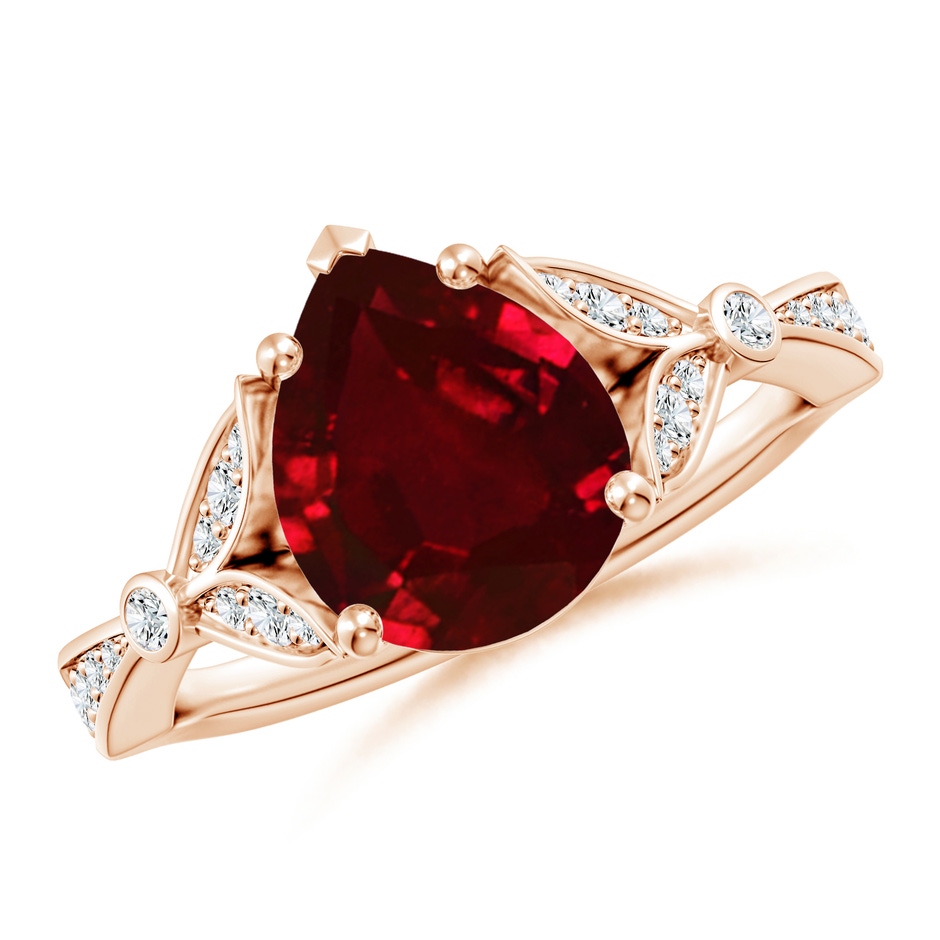 10x8mm AAAA Nature-Inspired Pear Ruby Engagement Ring with Leaf Motifs in Rose Gold 