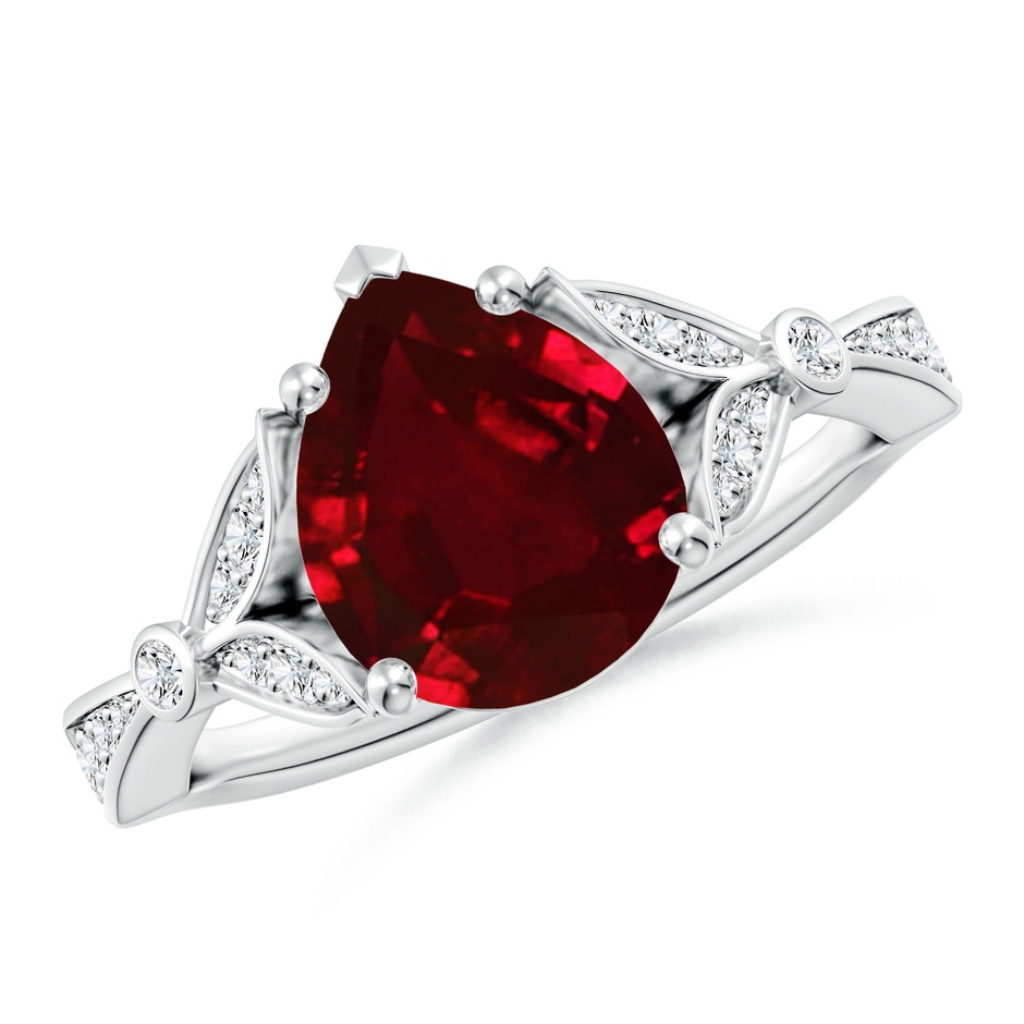 10x8mm AAAA Nature-Inspired Pear Ruby Engagement Ring with Leaf Motifs in White Gold 