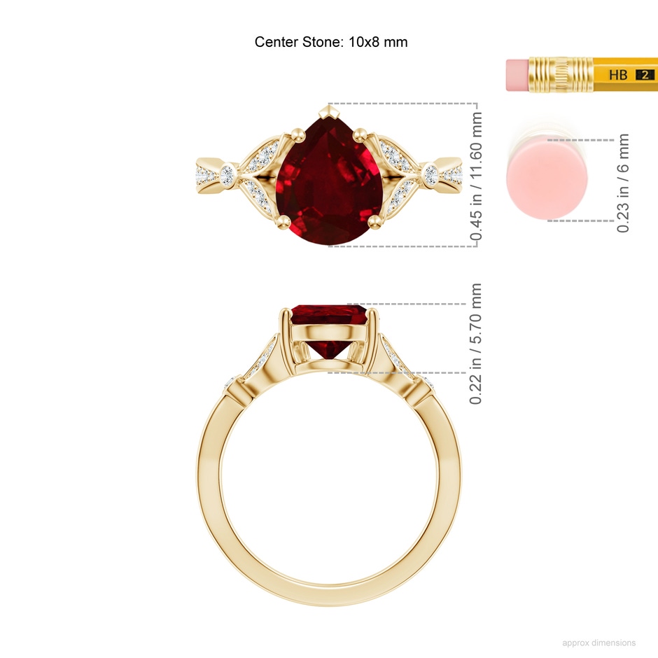 10x8mm AAAA Nature-Inspired Pear Ruby Engagement Ring with Leaf Motifs in Yellow Gold ruler